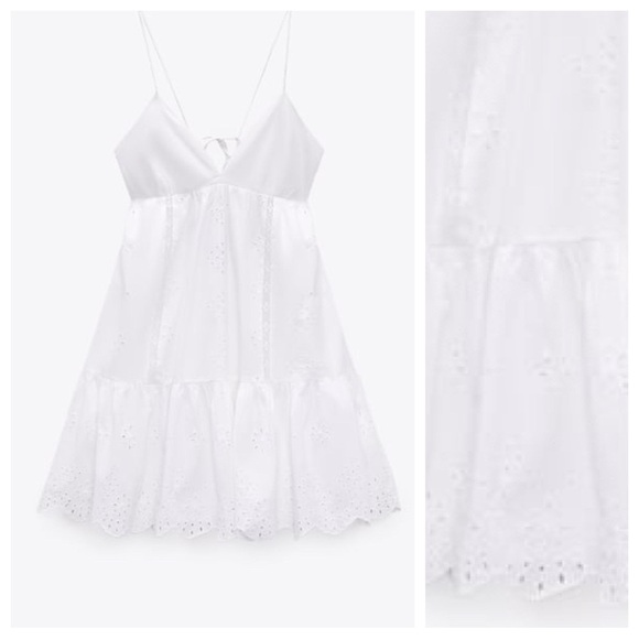 🌹NWT. Zara White Openwork embroidered V-neck Mini Dress. Size XL. - Picture 4 of 10